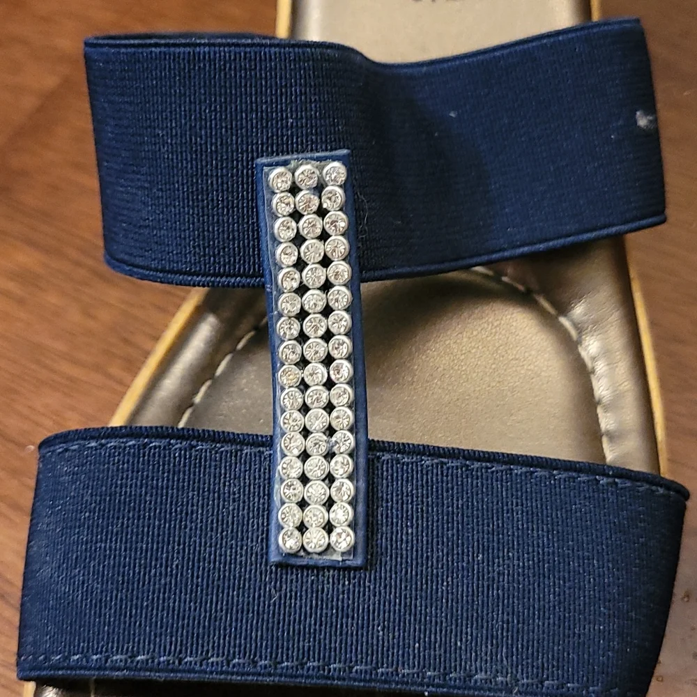 Tuscany wedge sandal.  Navy stretch straps with  rhinestones.  6 1/2 N - Picture 7 of 8